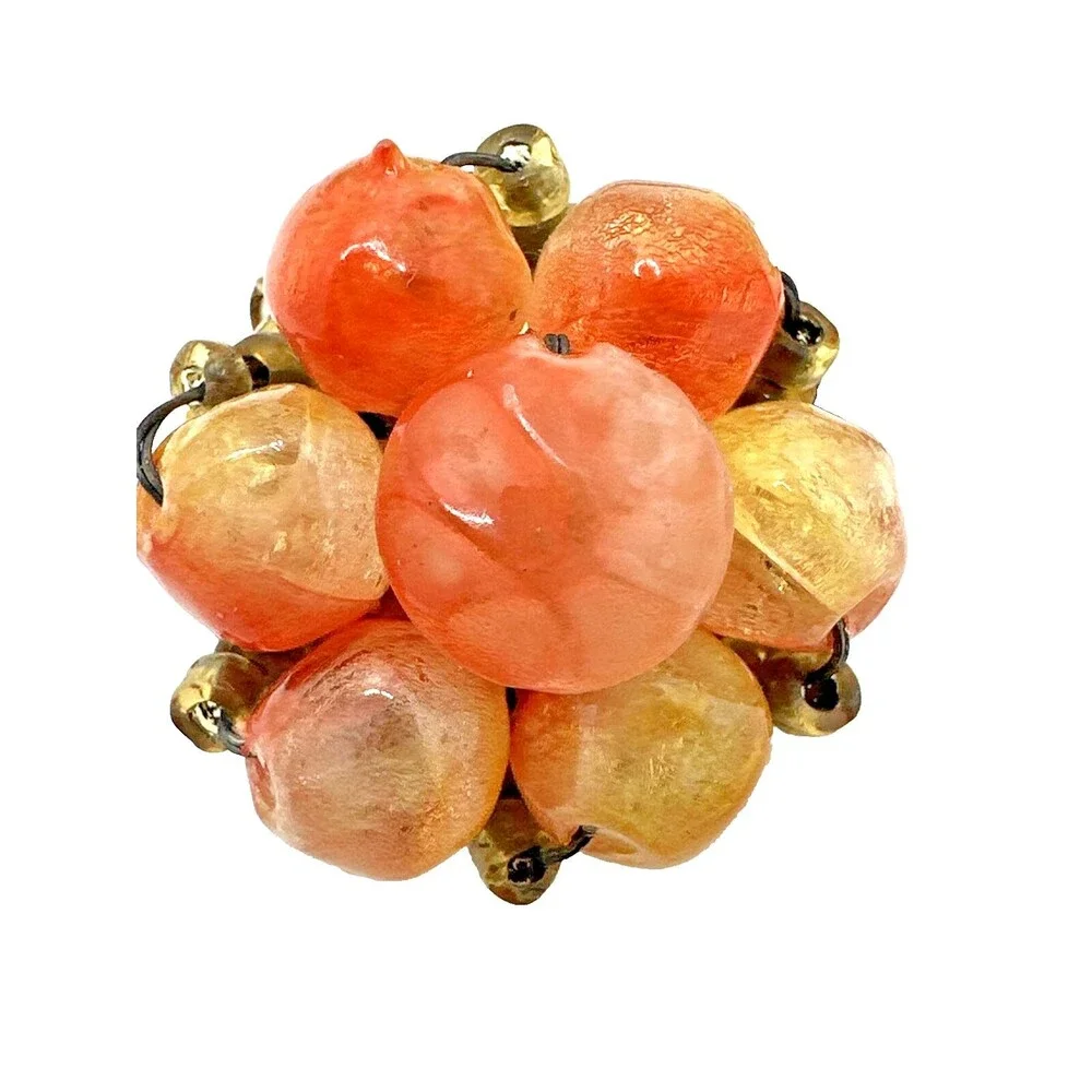 Vintage Hong Kong Fruit Salad Lucite Earrings Orange Swirl Cluster Clip On 1